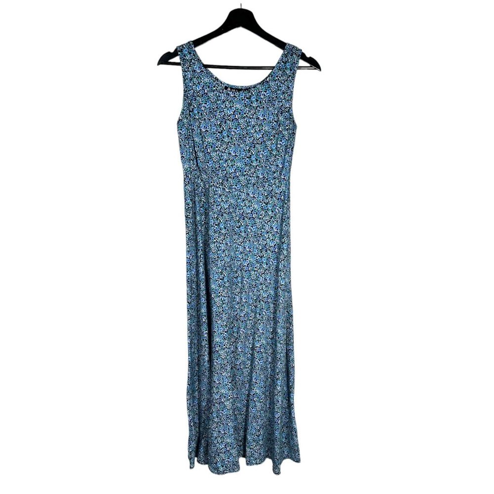 Vintage 90s Blue Micro Floral Sleeveless Scoop Neck Full Length Dress Small